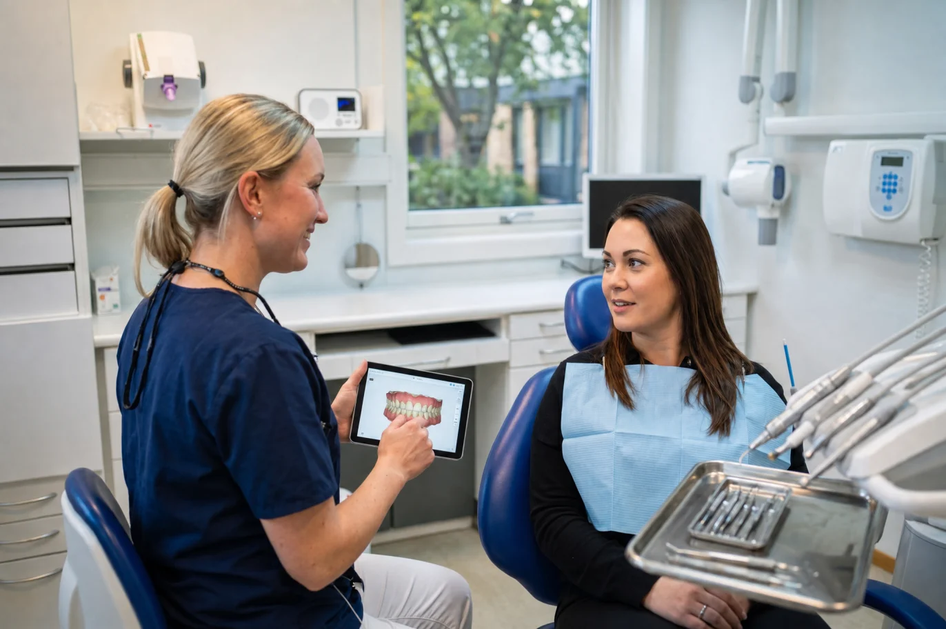 Tannlege viser digital tannskanning til pasient på iPad